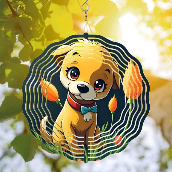 Whimsical Metal Hanging Wind Spinners & Chimes for Yard - Vibrant Circular Pattern Design with Cheerful Puppy & Tulips
