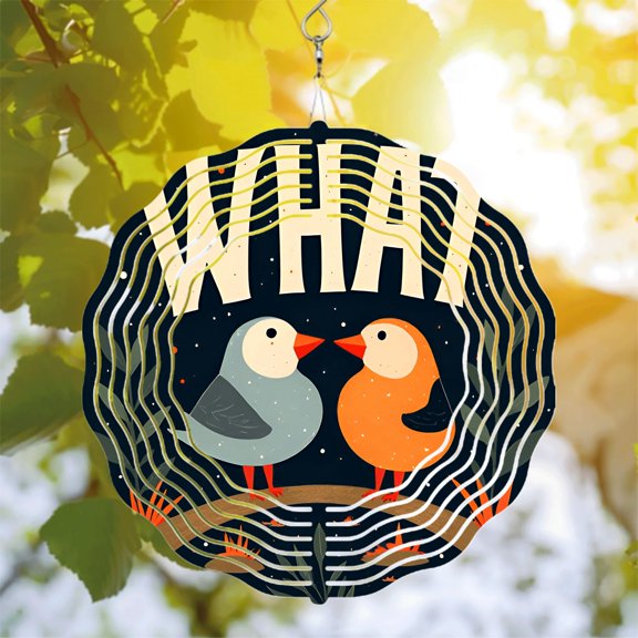 Whimsical Metal Hanging Wind Spinners & Chimes with Stylized Birds Concentric Patterns & Decorative Elements for Yard & Garden
