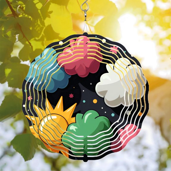 Whimsical Metal Hanging Wind Spinners - Colorful Clouds Stars & Bright Sun Design for Enchanting Yard & Garden Decor