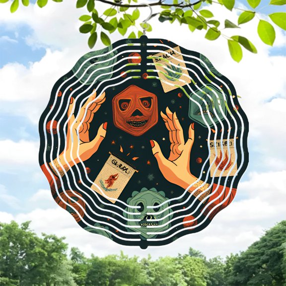 Whimsical Metal Hanging Wind Spinners - Concentric Lines & Skull Mask Design for Unique Yard & Garden Decor - Colorful & Surreal