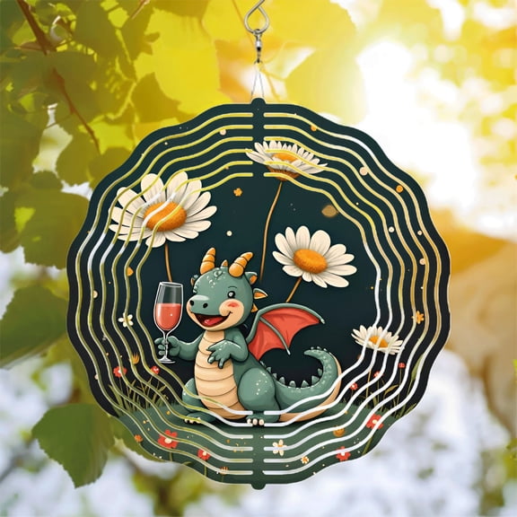 Whimsical Metal Hanging Wind Spinners - Enchanting Circular Pattern Design with White Lines Perfect for Garden & Yard Decor