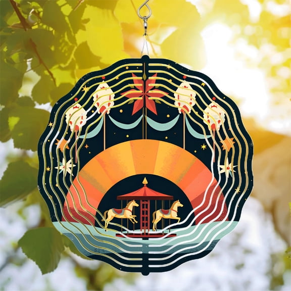 Whimsical Metal Hanging Wind Spinners - Vibrant Carousel Design with Sunset Gradient & Star Accents for Yard & Garden Decor