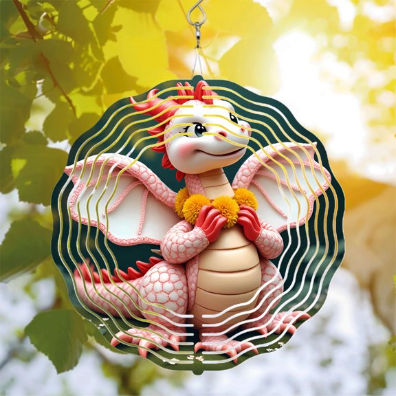 Whimsical Metal Hanging Wind Spinners - Vibrant Dragon Design with Cheerful Expression Perfect for Yard & Garden Decor