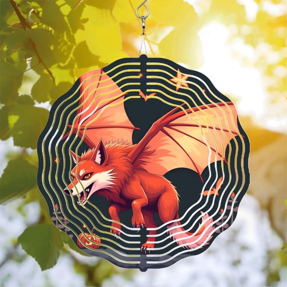 Whimsical Metal Hanging Wind Spinners with Bat - Winged Fox Design Circular Patterns & Decorative Stars for Yard & Garden