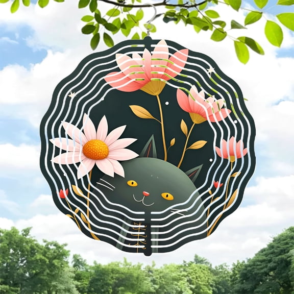 Whimsical Metal Hanging Wind Spinners with Concentric Wave Patterns - Vibrant Cat Design for Yard & Garden Decor