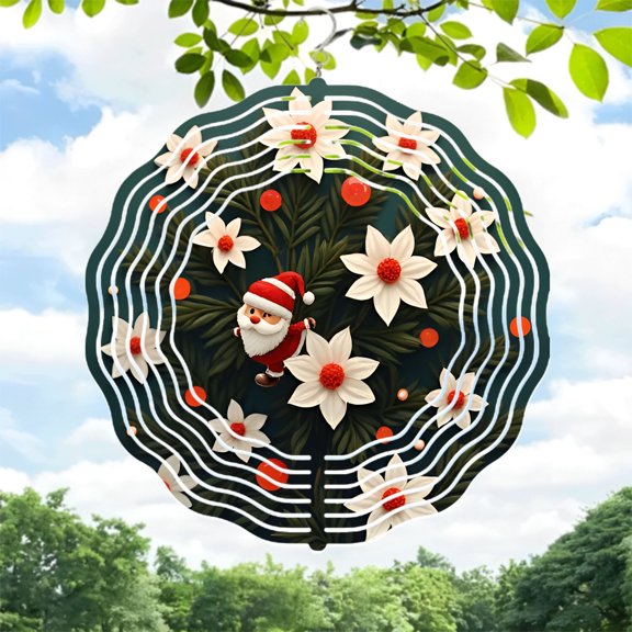 Whimsical Metal Hanging Wind Spinners with Festive Santa Design & Floral Patterns - Perfect for Holiday Yard & Garden Decor