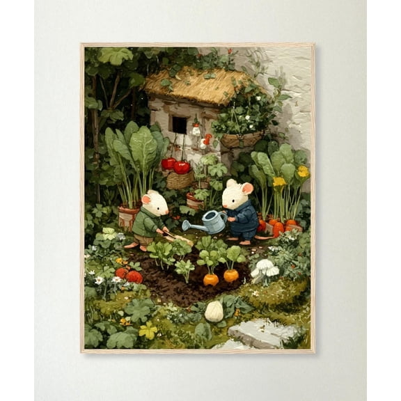 Whimsical Mice Garden Print, Unframed Paper Poster 8x10in