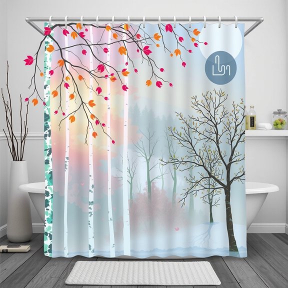 Whimsical Misty Forest Shower Curtain with Colorful Leaves - Playful Bathroom Decor