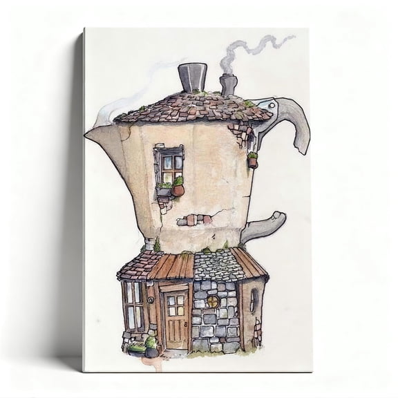 Whimsical Moka Pot Cottage Canvas Wall Art, Coffee Lover Fantasy Decor, Storybook Illustration Artwork for Kitchen, Ready to Hang