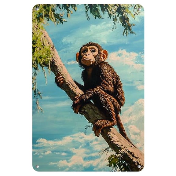 Whimsical Monkey Climbing Tree Metal Sign, 8"x12" - Durable Iron Decor for Home, Cafe, Bar, Vibrant Artwork with Blue Sky Background, Monkey Decor, 2D, Perfect for Room Decor