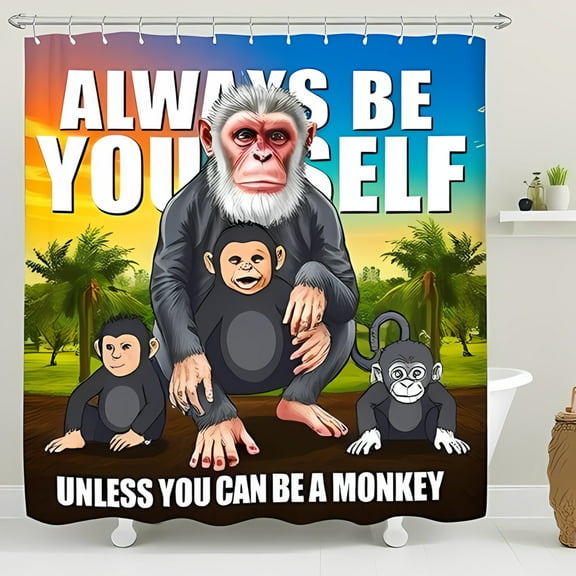Whimsical Monkey Family Shower Curtain with Sunset & Trees - " Always Be Yourself " Design