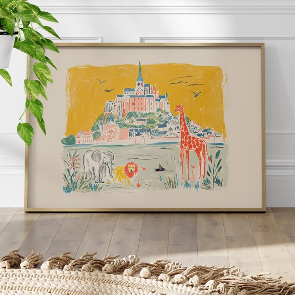 Whimsical Mont Saint Michel Safari French Landmark With Elephant Lion Giraffe Surreal Travel Poster Wall Art Print
