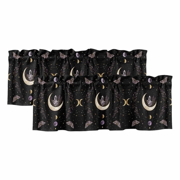 Whimsical Moon 2 Panels Kitchen Valance, Mysterious Dark Cosmic Crystal Purple Moths Flower Curtains Valances for Small Windows Rod Pocket Window Treatments for Living Room Bedroom 42" W x 12" L