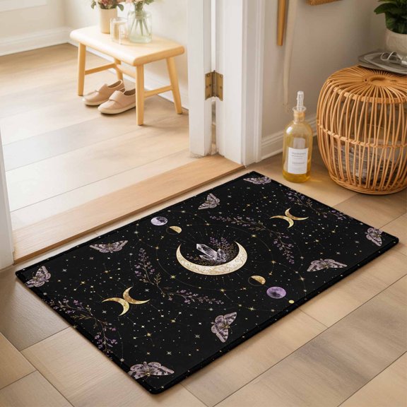 Whimsical Moon 2'x3' Small Rugs for Entryway Front Door Kitchen Sink Area, Mysterious Dark Cosmic Crystal Purple Moths Flower Soft Sturdy Mats Washable Non Slip Rectangle Area Rug