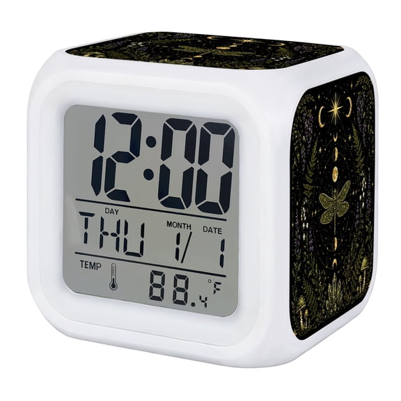 Whimsical Moon Alarm Clock, Mysterious Dark Cosmic Crystal Dragonfly Floral Mushroom Digital Clock Night Light with 7 Color, Calendar Temperature Display, LED Desk Small Clock for Bedrooms