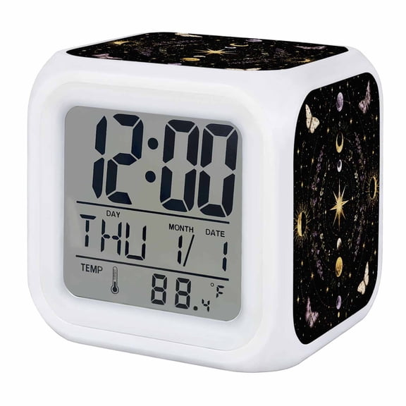 Whimsical Moon Alarm Clock, Mysterious Dark Cosmic Esoteric Purple Beige Moths Digital Clock Night Light with 7 Color, Calendar Temperature Display, LED Desk Small Clock for Bedrooms Living Room