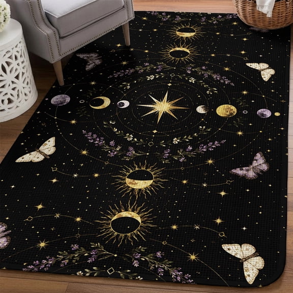 Whimsical Moon Area Rugs for Living Room 5x6, Mysterious Dark Cosmic Esoteric Purple Beige Moths Washable Area Rug Non Slip, Stain Resist Linen Carpet for Bedroom, Dining Room, Entryway, Entrance