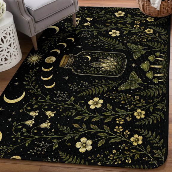 Whimsical Moon Area Rugs for Living Room 5x6, Mysterious Dark Green Cosmic Crystal Moths Floral Washable Area Rug Non Slip, Stain Resist Linen Carpet for Bedroom, Dining Room, Entryway, Entrance