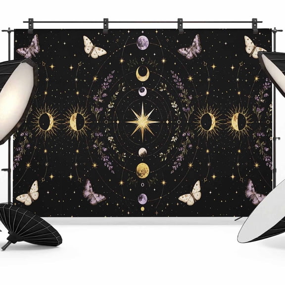 Whimsical Moon Backdrops for Photography, Mysterious Dark Cosmic Esoteric Purple Beige Moths Fabric Photo Background Sturdy Studio Props for Photo Studio, Video Recording, Booth & Photoshoot 8x6ft