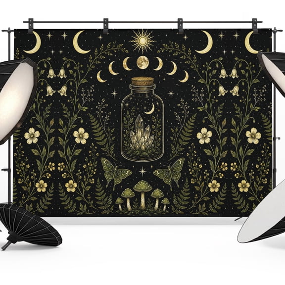 Whimsical Moon Backdrops for Photography, Mysterious Dark Green Cosmic Crystal Moths Floral Fabric Photo Background Sturdy Studio Props for Photo Studio, Video Recording, Booth & Photoshoot 10x8ft