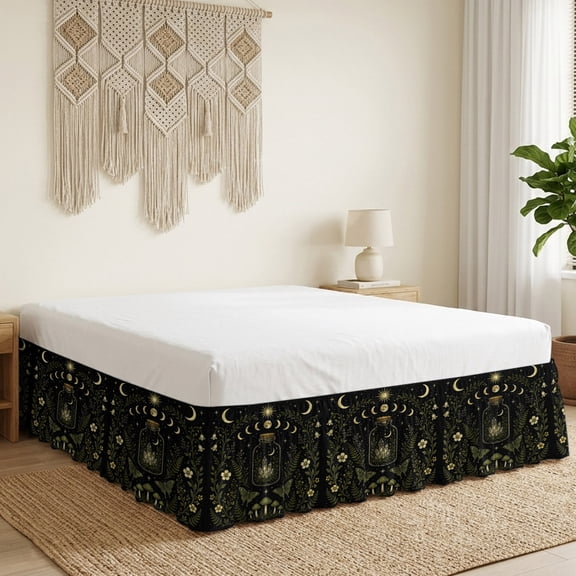 Whimsical Moon Bed Skirt 16 Inch Drop, Mysterious Dark Green Cosmic Crystal Moths Floral Wrap Around Dust Ruffle Bedskirt with Adjustable Elastic Belt for California King Size Beds