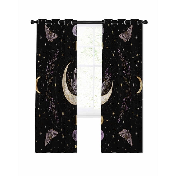 Whimsical Moon Blackout Curtains for Bedroom Living Room, Mysterious Dark Cosmic Crystal Purple Moths Flower 96 In Long Thermal Insulated Room Darkening Drapes Grommet Window Treatments, 52 x 96 In