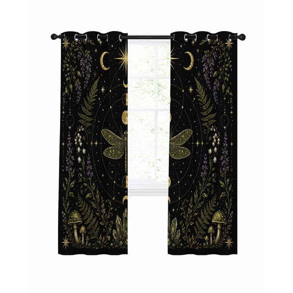Whimsical Moon Blackout Curtains for Living Bedroom, Mysterious Dark Cosmic Crystal Dragonfly Floral Mushroom 39 In Long Thermal Insulated Room Darkening Drapes Grommet Window Treatment 27.5x39 In
