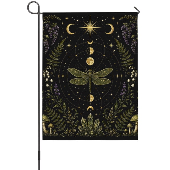 Whimsical Moon Garden Flag 12 x 18 Inches, Mysterious Dark Cosmic Crystal Dragonfly Floral Mushroom Weather Proof Outdoor Patio Flags Double Sided Small Garden Decoration for Yard Outside Home
