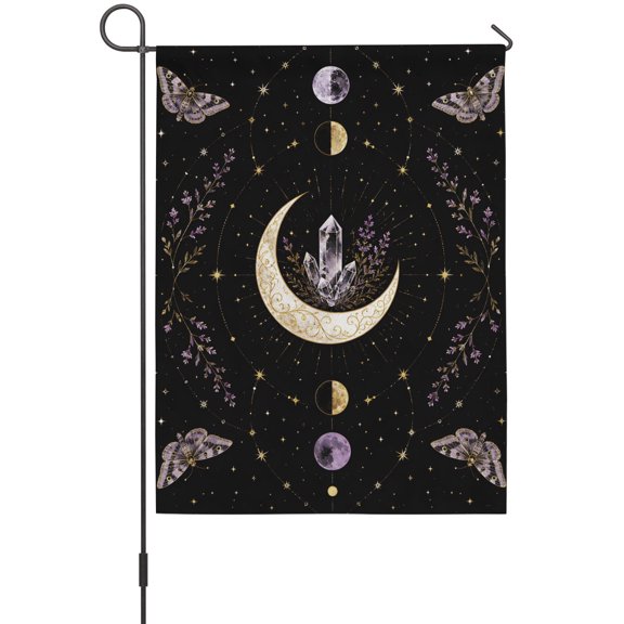 Whimsical Moon Garden Flag 12 x 18 Inches, Mysterious Dark Cosmic Crystal Purple Moths Flower Weather Proof Outdoor Patio Flags Double Sided Small Garden Decoration for Yard Outside Home