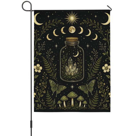 Whimsical Moon Garden Flag 12 x 18 Inches, Mysterious Dark Green Cosmic Crystal Moths Floral Weather Proof Outdoor Patio Flags Double Sided Small Garden Decoration for Yard Outside Home