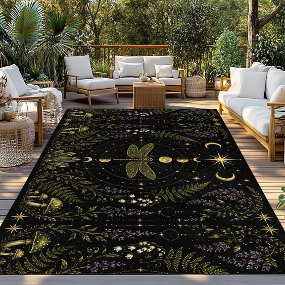 Whimsical Moon Indoor Outdoor Rugs 4x6 Ft, Mysterious Dark Cosmic Crystal Dragonfly Floral Mushroom Outdoor Patio Rugs Mat Washable Outside Area Rugs Carpet for Porch Deck RV Camping Pool Balcony