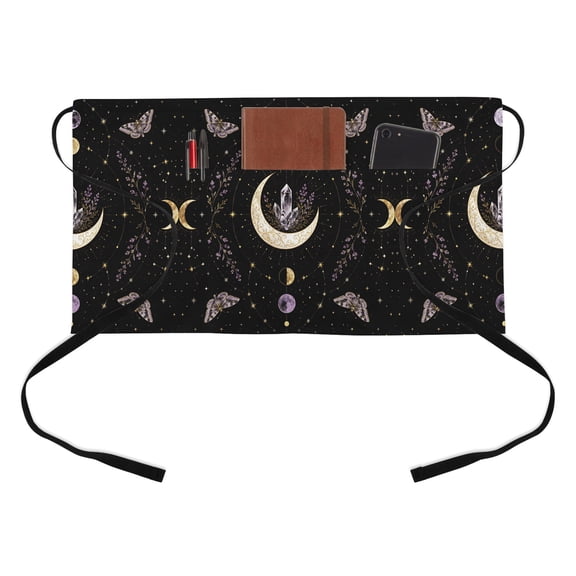Whimsical Moon Kitchen Restaurant Half Waist Apron, Mysterious Dark Cosmic Crystal Purple Moths Flower Server Short Apron with 3 Pockets Waterproof Oil Waist Aprons for Women Waitress Waiter