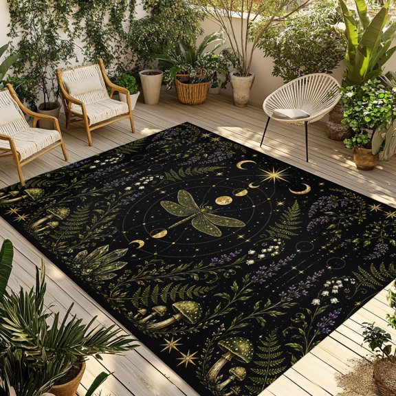 Whimsical Moon Outdoor Rug, Mysterious Dark Cosmic Crystal Dragonfly Floral Mushroom Non-Slip Area Rugs Carpet Breathable Large Floor Mat for Outdoors Patio Porch Deck Beach 4’ x 6’
