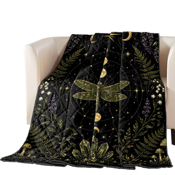 Whimsical Moon Quilted Comforters Cooling Blanket Cal King Size, Mysterious Dark Cosmic Crystal Dragonfly Floral Mushroom Cold Comfort for Hot Sleepers Lightweight Air Conditioning Quilt Blanket