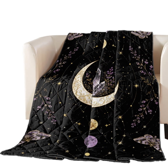 Whimsical Moon Quilted Comforters Cooling Blanket King Size, Mysterious Dark Cosmic Crystal Purple Moths Flower Cold Comfort for Hot Sleepers Lightweight Air Conditioning Quilt Blanket for Bed