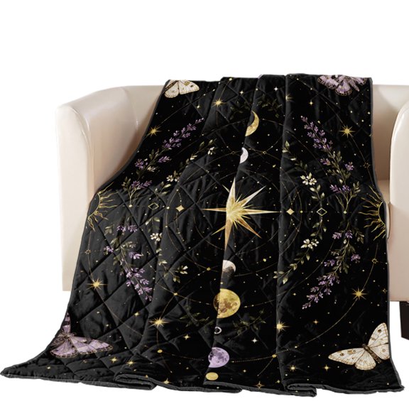 Whimsical Moon Quilted Comforters Cooling Blanket King Size, Mysterious Dark Cosmic Esoteric Purple Beige Moths Cold Comfort for Hot Sleepers Lightweight Air Conditioning Quilt Blanket for Bed