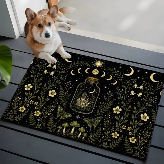 Whimsical Moon Small Area Rugs 2x3 Mysterious Dark Green Cosmic Crystal Moths Floral Entryway Rugs Washable Door Mat, Low-Profile Area Rugs Non Slip Floor Carpet for Living Room Bedroom Home Office