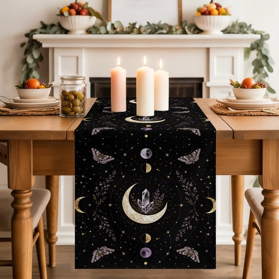 Whimsical Moon Table Runner, Mysterious Dark Cosmic Crystal Purple Moths Flower Washable Cotton-linen Table Runners Dining Kitchen Decoration for Everyday Home Wedding Party Decor, 13 x 36 Inch