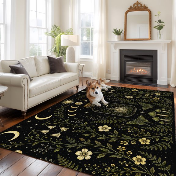 Whimsical Moon Washable Area Rug 6x9 Mysterious Dark Green Cosmic Crystal Moths Floral Low-Profile Large Area Rugs Non Slip Backing Indoor Floor Carpet for Entrance Living Room Bedroom Home Office