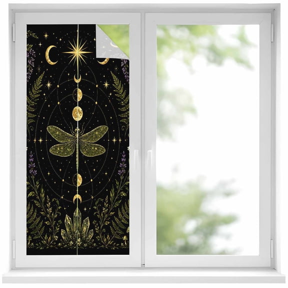 Whimsical Moon Window Privacy Film, Mysterious Dark Cosmic Crystal Dragonfly Floral Mushroom Frosted Glass Window Clings Static Cling UV Heat Blocking Reusable Sticker for Bathroom 19.6x39.3 Inch