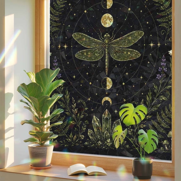 Whimsical Moon Window Privacy Film, Mysterious Dark Cosmic Crystal Dragonfly Floral Mushroom Stained Glass Rainbow Film Decorative Window Clings, Static Cling Sun Blocking Stickers 17.7" x 39.3"