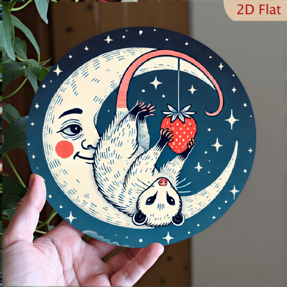 Whimsical Moon and Opossum Wall Art, Round Aluminum Hanging Sign, Celestial Fantasy Night Sky Illustration, Decorative Metal Plaque, 8 x 8 Inches