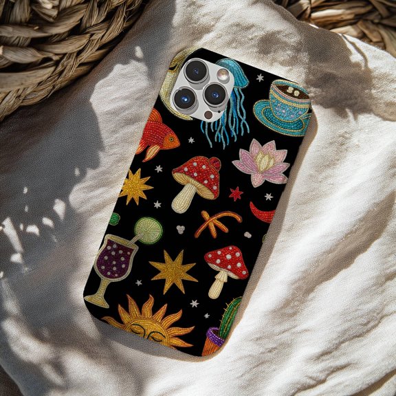 Whimsical Mosaic Collage Tough Phone Case for iPhone, Colorful Boho Nature Art Cover, Dual-Layer Protective Case with Raised Edges