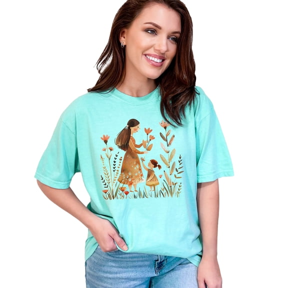 Whimsical Mother Daughter Illustration, Beautiful Floral Art T-Shirt, Family Love Matching Apparel, Heartwarming Gift Tee, Chalky Mint Comfort Colors T-Shirt, Large