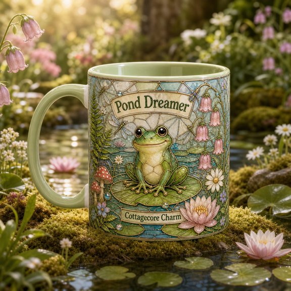Whimsical Mug Frog Pond Cottagecore Art