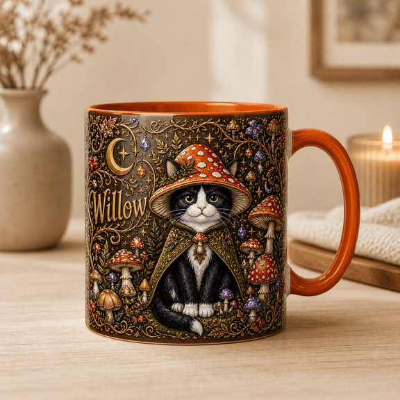 Whimsical Mug Tuxedo Cat and Woodland Mushroom Design