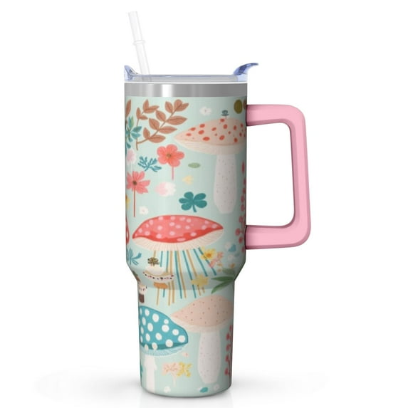 Whimsical Mushroom 40 oz Tumbler with Handle, Floral Travel Mug with Lid and Straw for Teens
