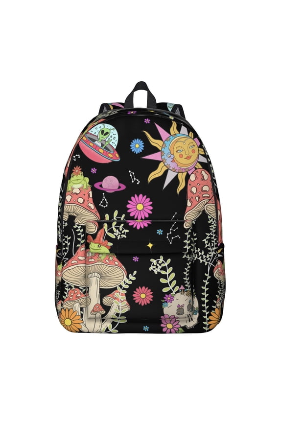 Whimsical Mushroom Backpack, Boho Woodland Mushroom School Bag with Vintage Magical Forest Fungi Design, Cottagecore Fairy Tale Psychedelic Pattern, Trippy Gothic Style