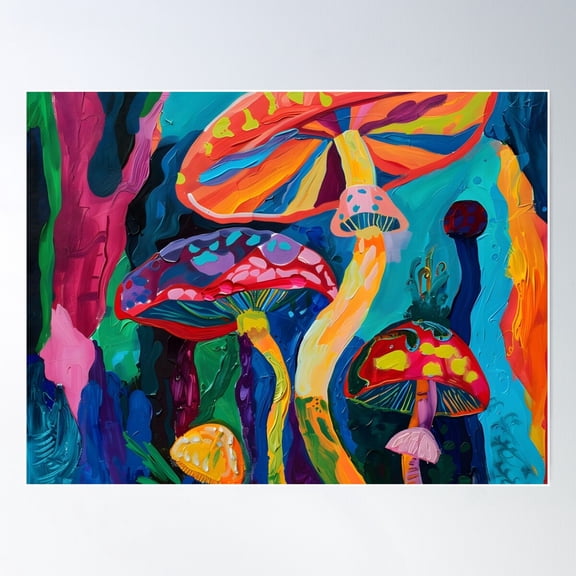 Whimsical Mushroom Fantasia- Vibrant Colors And Dynamic Brushstrokes Generative Ai Poster Wall Art, Modern Wall Decor For Living Room Bedroom, 8x12 UNFRAMED