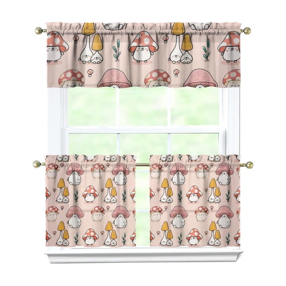 Whimsical Mushroom Kitchen Curtains 3 Piece Set - Botanical Mushroom & Aesthetic Fungi Semi-Sheer Panels with Valance for Farmhouse Windows